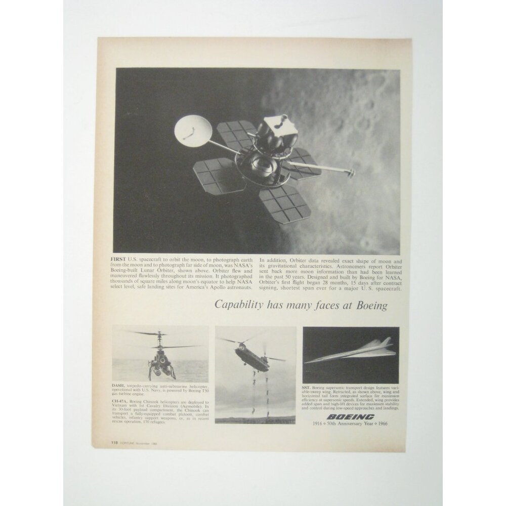 Boeing 50th Anniversary Vintage NASA Lunar Orbiter Print Ad 1966 Chinook Copter